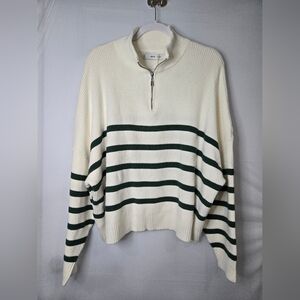MNG NWT Cream and Green Striped Sweater Half Zip Pullover Size XXL